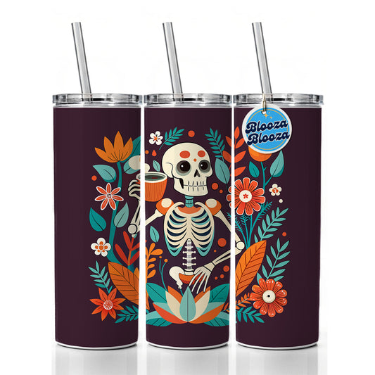 Skeleton Drinking Tea Funny Floral Flowers Skinny Tumbler 20oz with Straw Insulated Water Bottle Gift