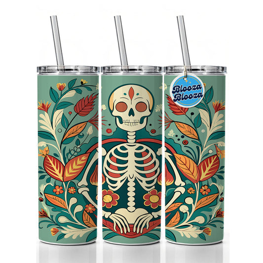Skeleton Floral Art Nouveau Flowers Elegant Skinny Tumbler 20oz with Straw Insulated Water Bottle Gift