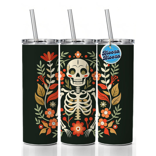 Skeleton Floral Flowers Skinny Tumbler 20oz with Straw Insulated Water Bottle Gift