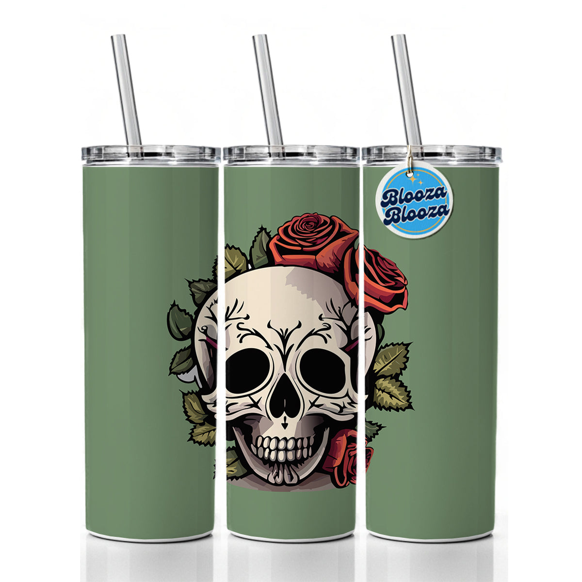 Skull and Roses Skinny Tumbler 20oz with Straw Insulated Water Bottle Gift
