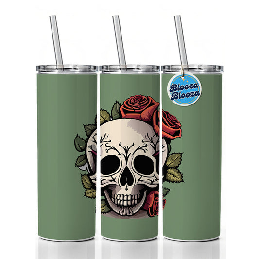 Skull and Roses Skinny Tumbler 20oz with Straw Insulated Water Bottle Gift