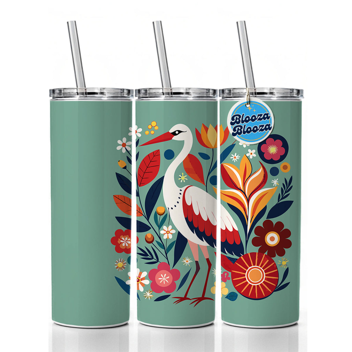 Stork Bird Floral Flowers Skinny Tumbler 20oz with Straw Insulated Water Bottle Gift
