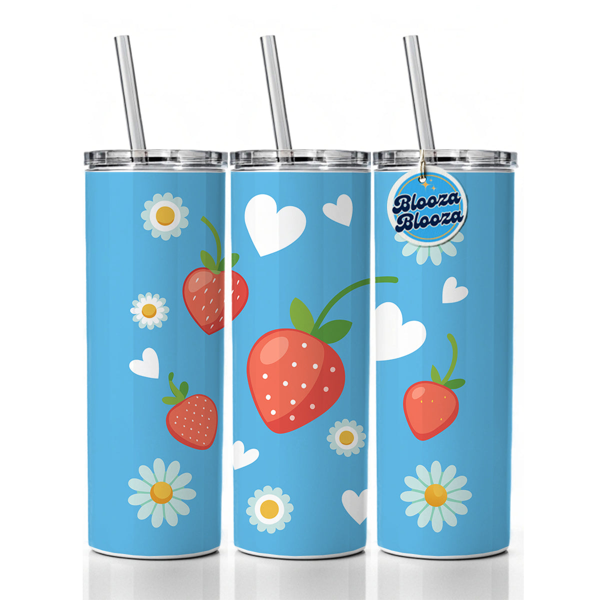 Strawberries Daisies Strawberry Daisy Hearts Skinny Tumbler 20oz with Straw Insulated Water Bottle Gift