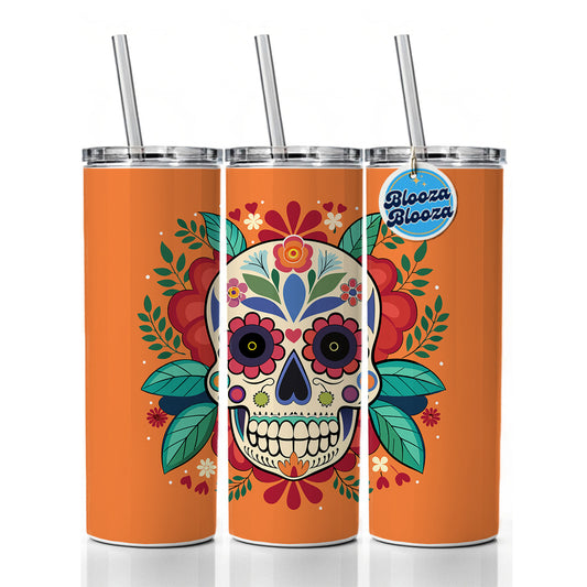 Sugar Skull with Floral Background Skinny Tumbler 20oz with Straw Insulated Water Bottle Gift