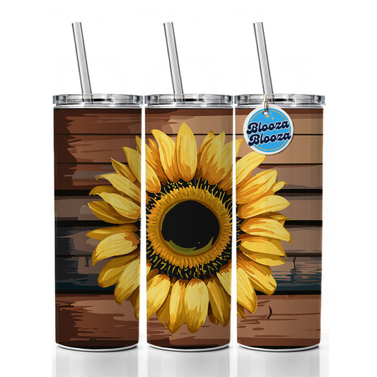 Sunflower Flower Vintage Barnwood Skinny Tumbler 20oz with Straw Insulated Water Bottle Gift