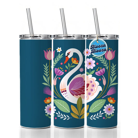 Swan Bird Floral Flowers Skinny Tumbler 20oz with Straw Insulated Water Bottle Gift