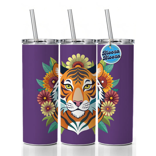 Tiger Head Floral Flowers Skinny Tumbler 20oz with Straw Insulated Water Bottle Gift