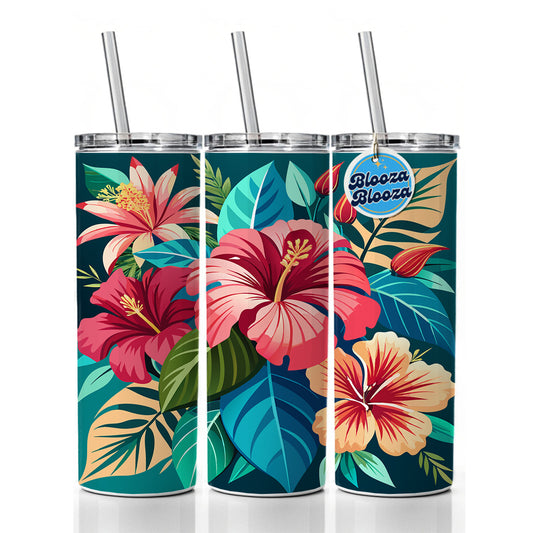 Tropical Flowers Hibiscus Skinny Tumbler 20oz with Straw Insulated Water Bottle Gift