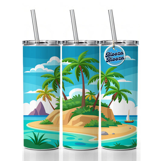 Tropical Island Beach Palm Trees Vacation Travel Skinny Tumbler 20oz with Straw Insulated Water Bottle Gift