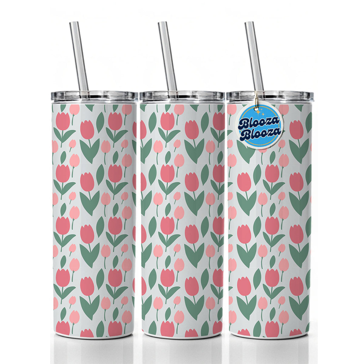 Tulips Pink Flowers Muted Pattern Skinny Tumbler 20oz with Straw Insulated Water Bottle Gift