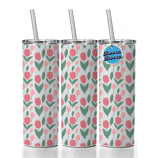 Tulips Pink Flowers Muted Pattern Skinny Tumbler 20oz with Straw Insulated Water Bottle Gift