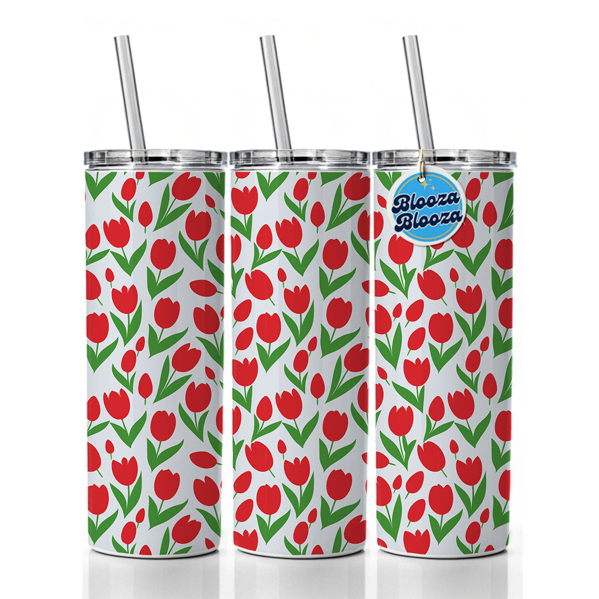 Tulips Red Flowers Pattern Skinny Tumbler 20oz with Straw Insulated Water Bottle Gift