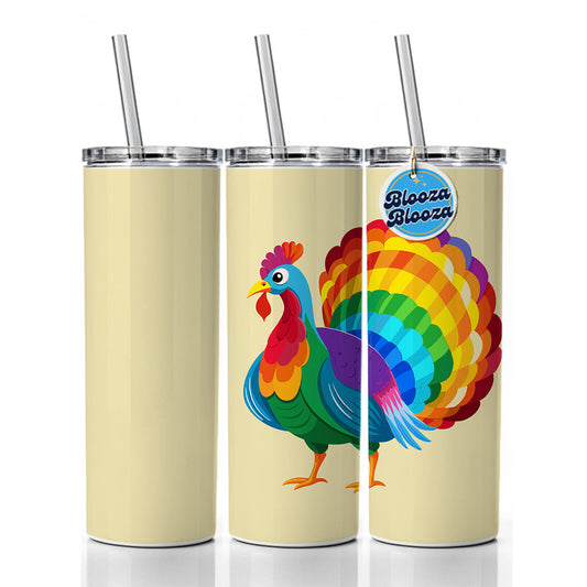 Turkey Rainbow Colored Thanksgiving Skinny Tumbler 20oz with Straw Insulated Water Bottle Gift