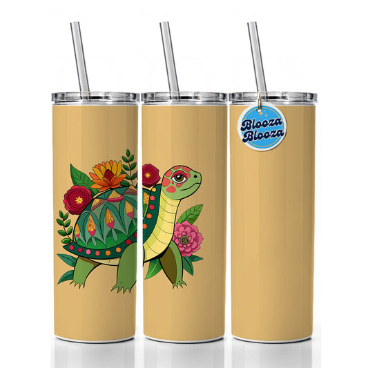 Turtle Floral Flowers Skinny Tumbler 20oz with Straw Insulated Water Bottle Gift