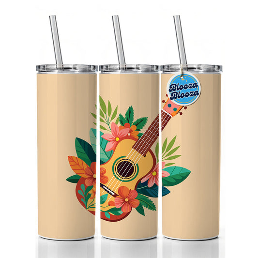 Ukulele Music Tropical Floral Motif Skinny Tumbler 20oz with Straw Insulated Water Bottle Gift