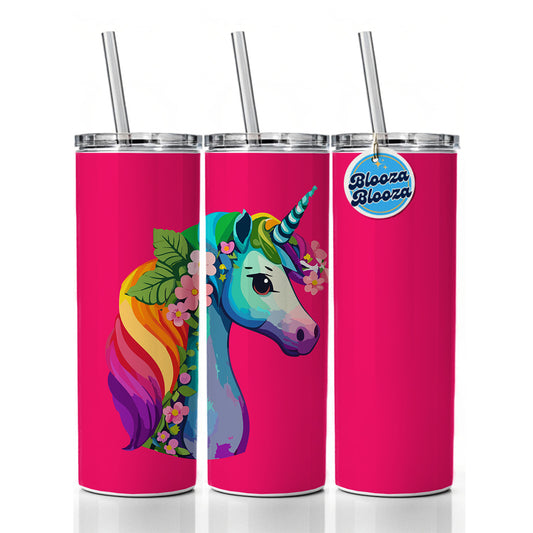 Unicorn Rainbow Head Flowers Skinny Tumbler 20oz with Straw Insulated Water Bottle Gift