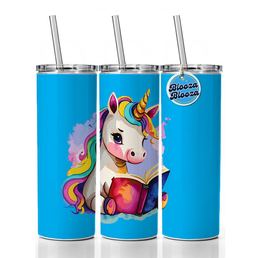 Unicorn Reading Book Reader Skinny Tumbler 20oz with Straw Insulated Water Bottle Gift
