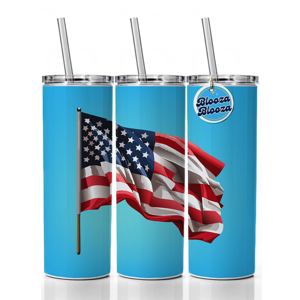 USA Flag American Waving Skinny Tumbler 20oz with Straw Insulated Water Bottle Gift