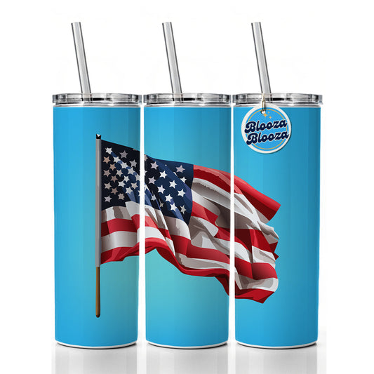 USA Flag American Waving Skinny Tumbler 20oz with Straw Insulated Water Bottle Gift