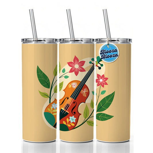 Violin Music Floral Motif Skinny Tumbler 20oz with Straw Insulated Water Bottle Gift