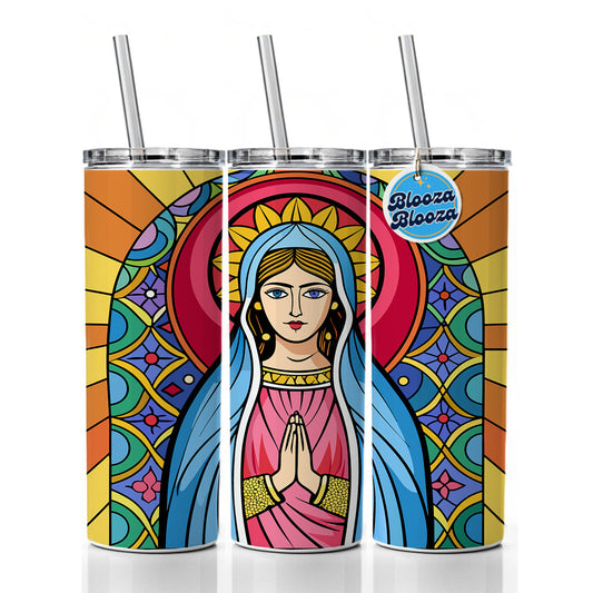 Virgin Mary Stained Glass Christian Religious Catholic Skinny Tumbler 20oz with Straw Insulated Water Bottle Gift