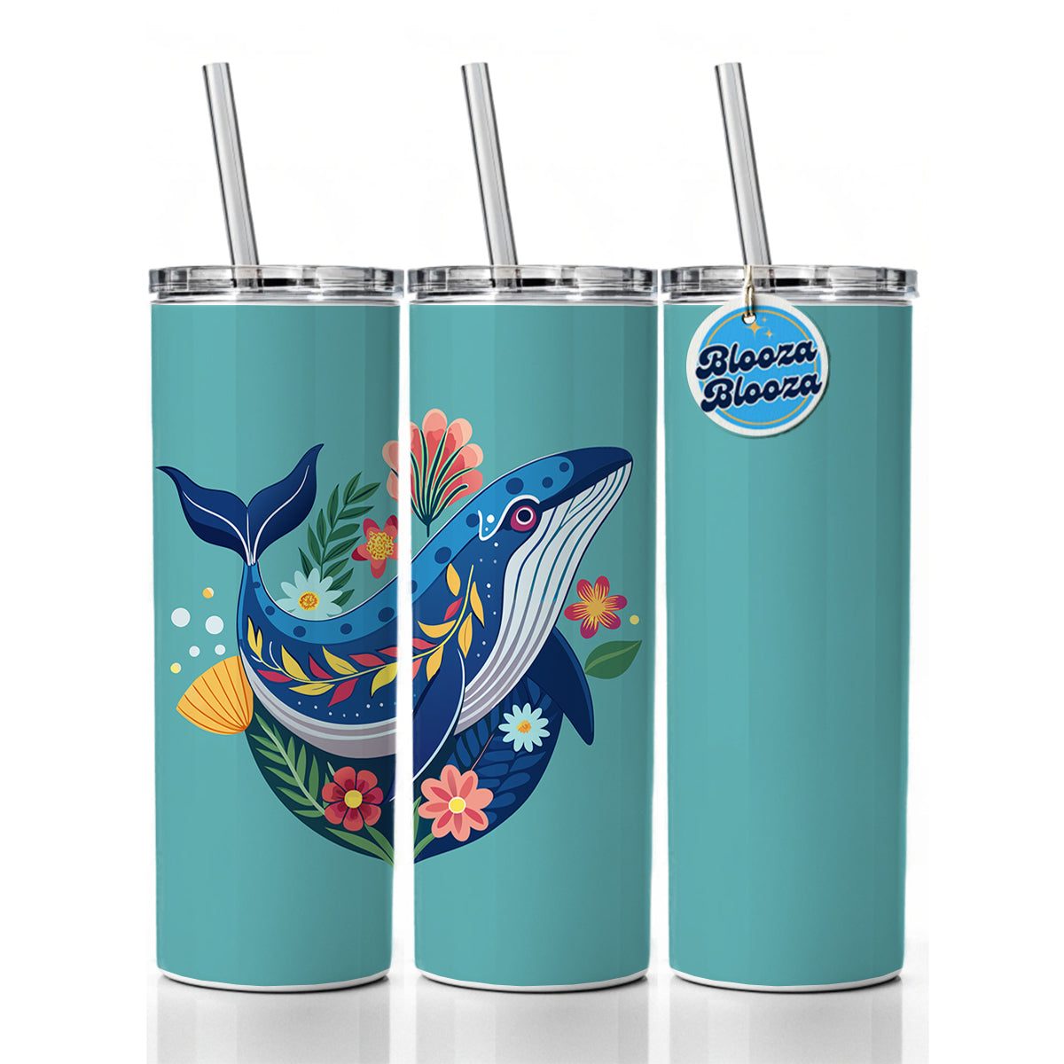 Whale Floral Flowers Skinny Tumbler 20oz with Straw Insulated Water Bottle Gift