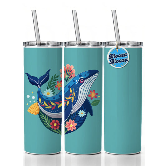 Whale Floral Flowers Skinny Tumbler 20oz with Straw Insulated Water Bottle Gift