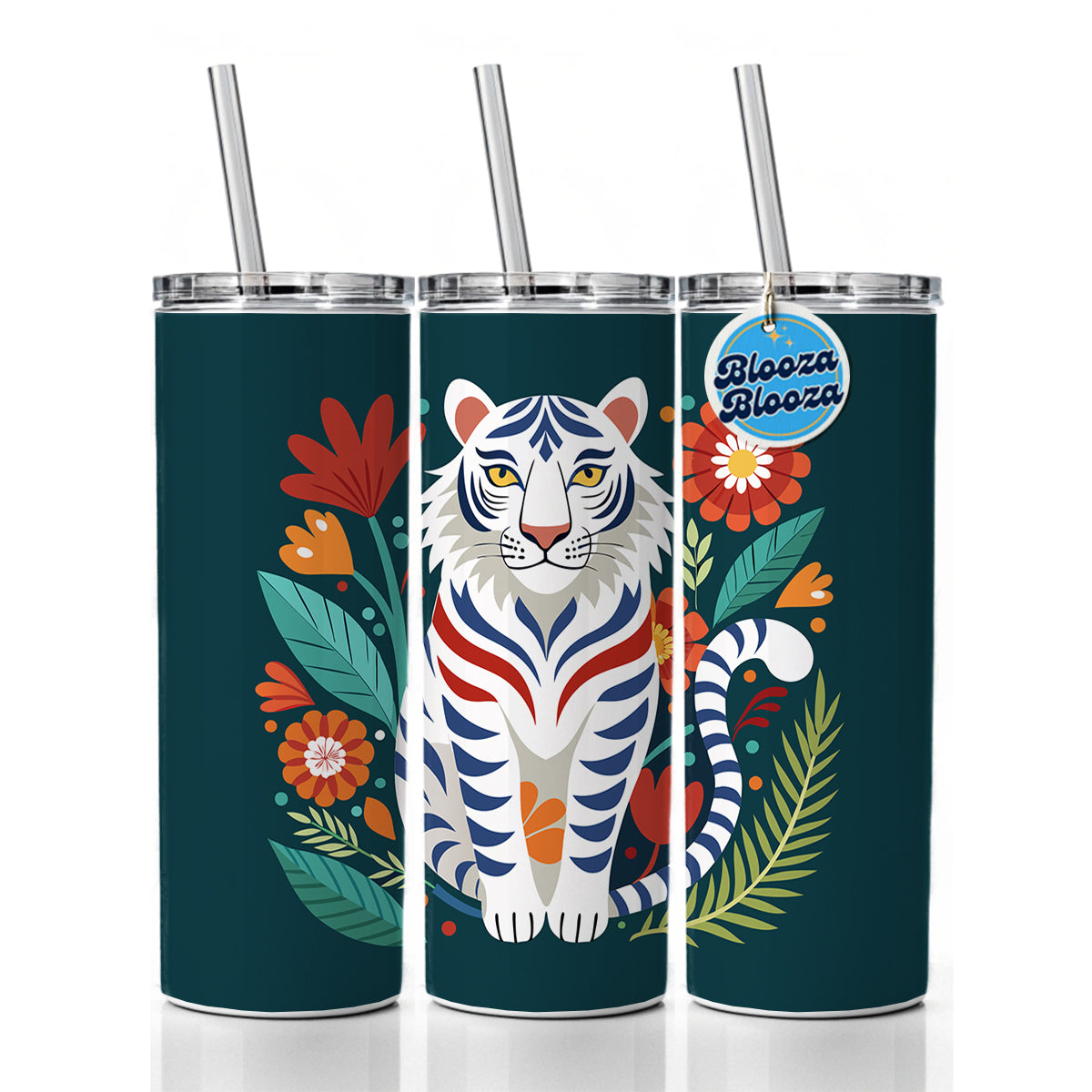 White Tiger Floral Flowers Skinny Tumbler 20oz with Straw Insulated Water Bottle Gift