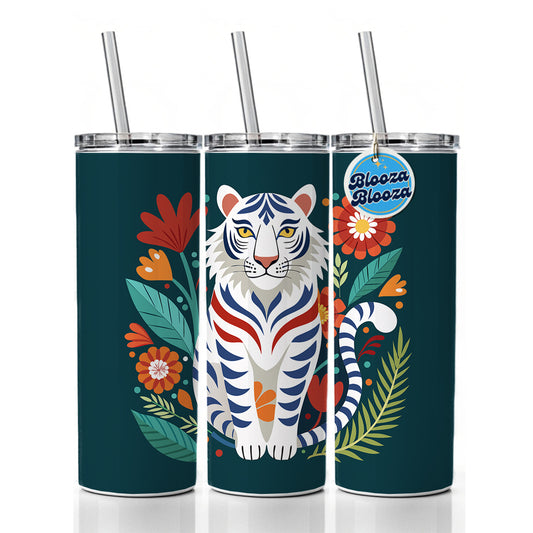 White Tiger Floral Flowers Skinny Tumbler 20oz with Straw Insulated Water Bottle Gift