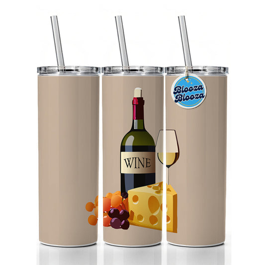 Wine Cheese Grapes Skinny Tumbler 20oz with Straw Insulated Water Bottle Gift