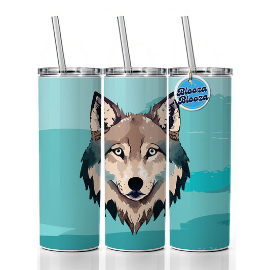 Wolf Face Watercolor Skinny Tumbler 20oz with Straw Insulated Water Bottle Gift