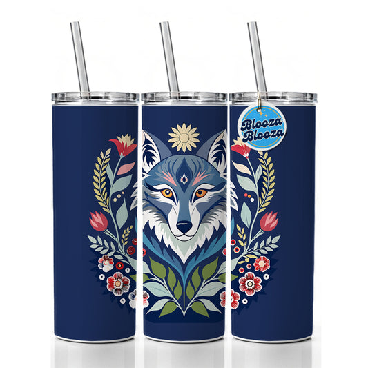 Wolf Floral Flowers Skinny Tumbler 20oz with Straw Insulated Water Bottle Gift