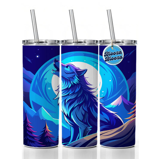 Wolf Howling at Blue Moon Skinny Tumbler 20oz with Straw Insulated Water Bottle Gift