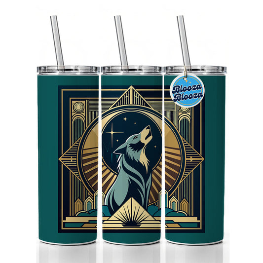 Wolf Howling at Moon Art Deco Skinny Tumbler 20oz with Straw Insulated Water Bottle Gift
