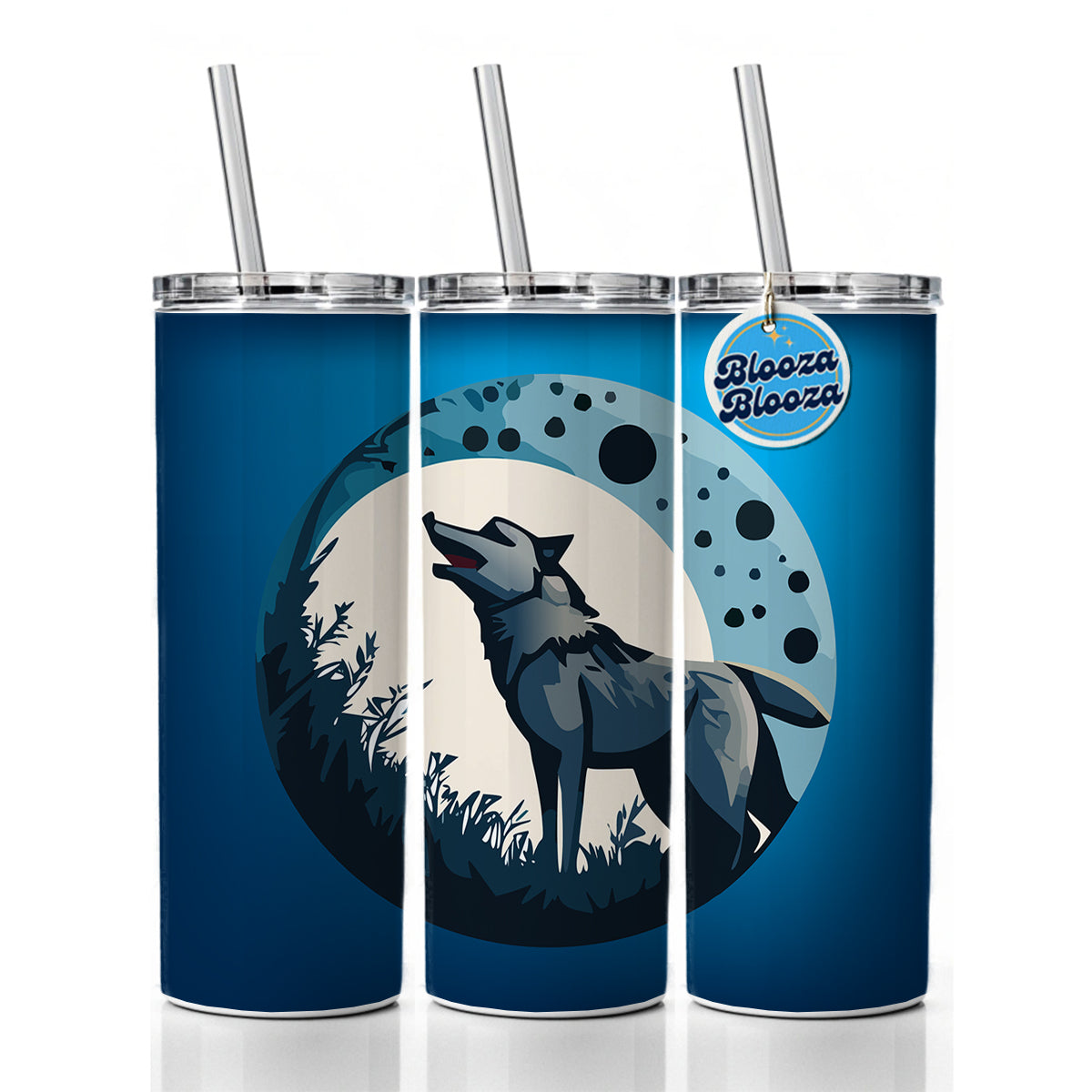 Wolf Howling Night Moon Skinny Tumbler 20oz with Straw Insulated Water Bottle Gift