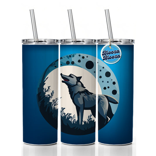 Wolf Howling Night Moon Skinny Tumbler 20oz with Straw Insulated Water Bottle Gift