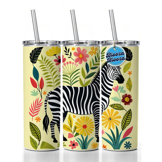 Zebra Floral Flowers Motif Skinny Tumbler 20oz with Straw Insulated Water Bottle Gift