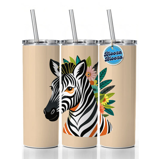 Zebra Head Floral Flowers Skinny Tumbler 20oz with Straw Insulated Water Bottle Gift