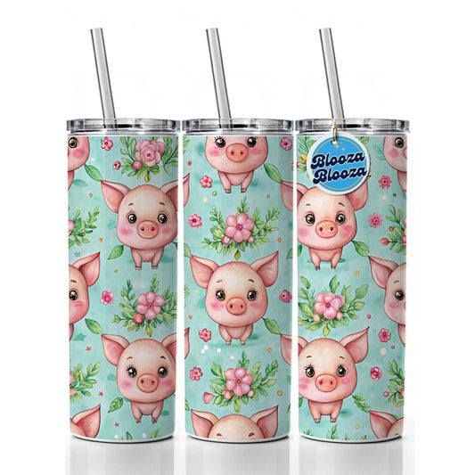 Adorable Pig Faces Watercolor Skinny Tumbler 20oz with Straw Insulated Water Bottle Gift