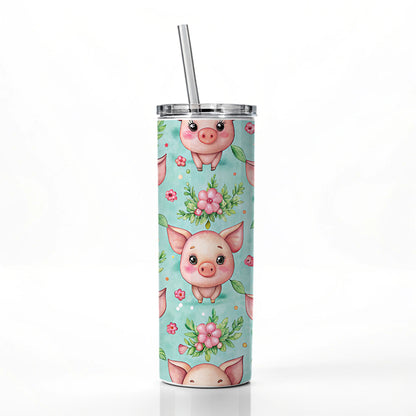 Adorable Pig Faces Watercolor Skinny Tumbler 20oz with Straw Insulated Water Bottle Gift
