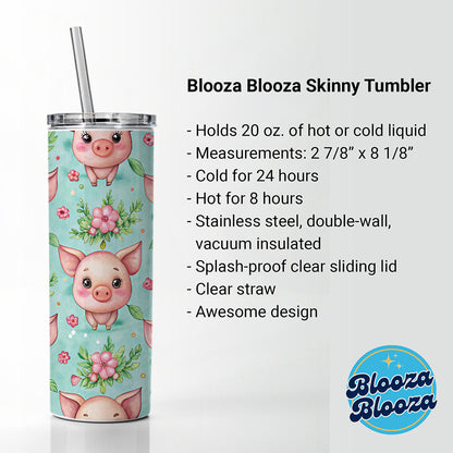 Adorable Pig Faces Watercolor Skinny Tumbler 20oz with Straw Insulated Water Bottle Gift