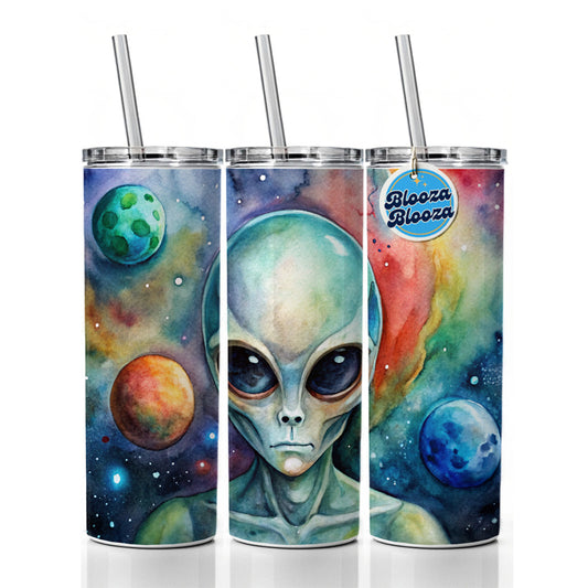 Alien In Space Watercolor Skinny Tumbler 20oz with Straw Insulated Water Bottle Gift