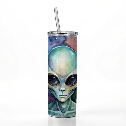 Alien In Space Watercolor Skinny Tumbler 20oz with Straw Insulated Water Bottle Gift