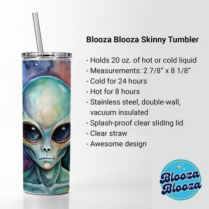 Alien In Space Watercolor Skinny Tumbler 20oz with Straw Insulated Water Bottle Gift