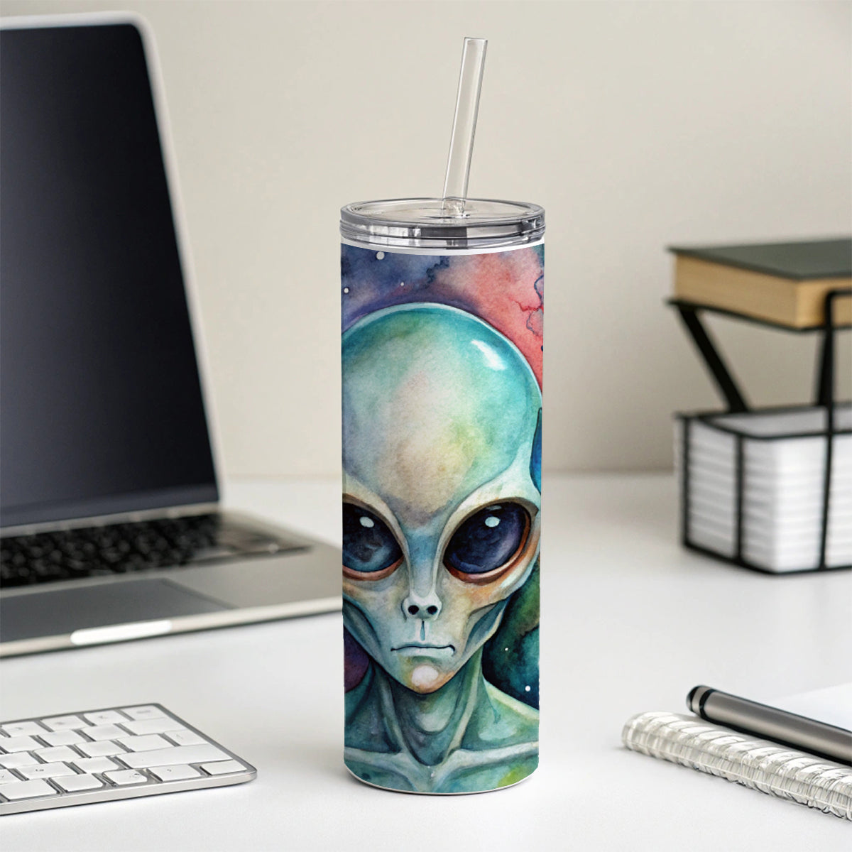 Alien In Space Watercolor Skinny Tumbler 20oz with Straw Insulated Water Bottle Gift