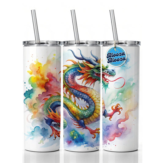 Asian Dragon Watercolor Design Skinny Tumbler 20oz with Straw Insulated Water Bottle Gift