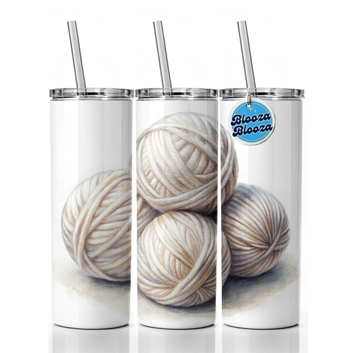 Balls Of White Yarn Knitting Crochet Watercolor Skinny Tumbler 20oz with Straw Insulated Water Bottle Gift