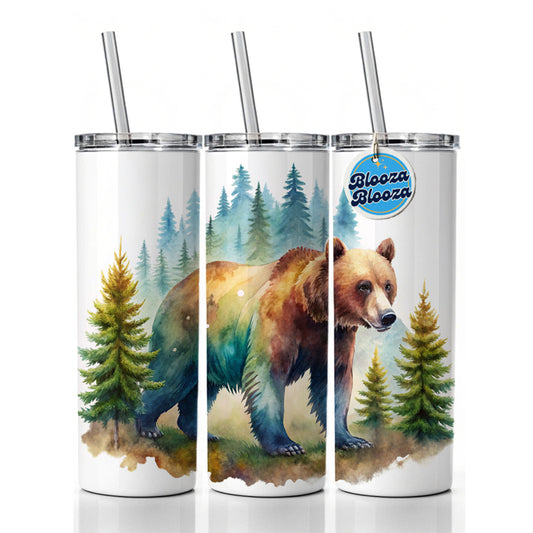 Bear In Forest Watercolor Design Skinny Tumbler 20oz with Straw Insulated Water Bottle Gift