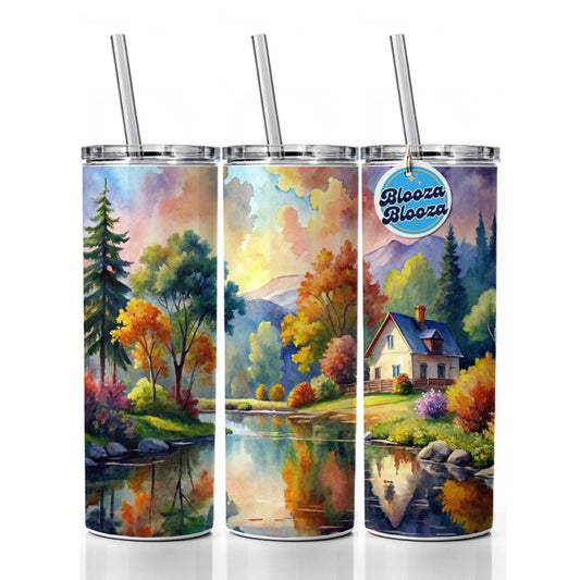 Beautiful Cottage Watercolor Skinny Tumbler 20oz with Straw Insulated Water Bottle Gift