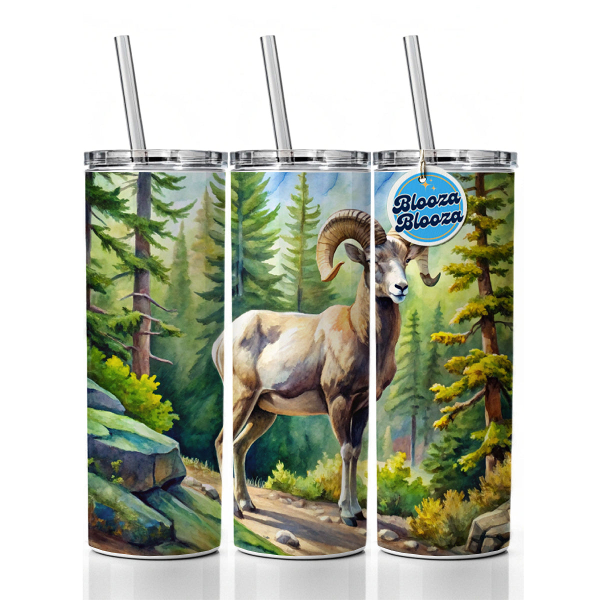 Bighorn Sheep In Forest Watercolor Skinny Tumbler 20oz with Straw Insulated Water Bottle Gift